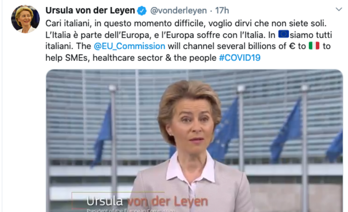 Coronavirus: "Siamo vicini all'Italia, in questo momento in Europa siamo tutti italiani" il messaggio della presidente della Commissione Ue, Ursula von der Leyen