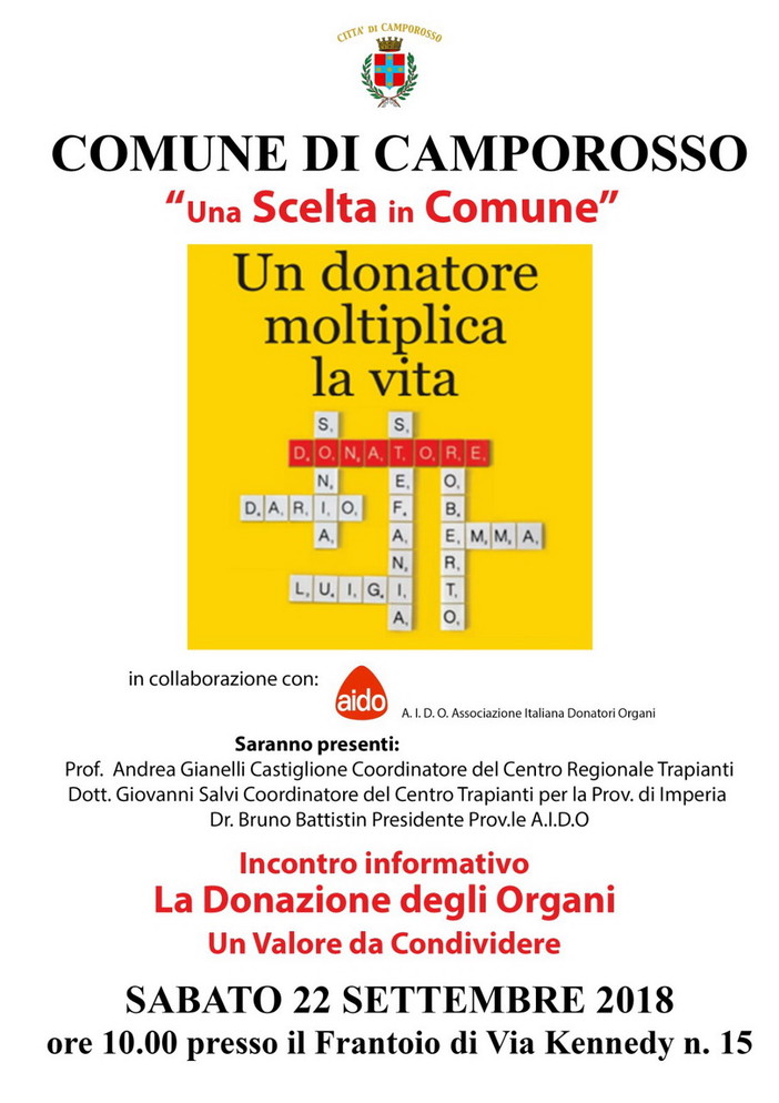 Camporosso: 'Una scelta in comune'. domani incontro informativo sulla donazione degli organi Camporosso: 'Una scelta in comune'. domani incontro informativo sulla donazione degli organi