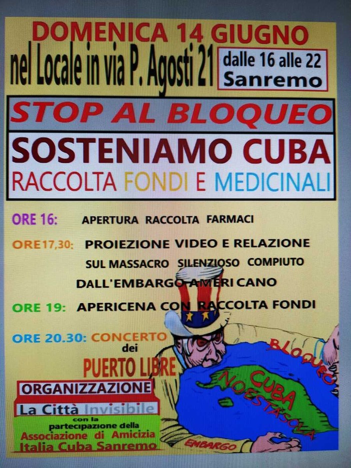 Sanremo, Il Circolo Culturale "La Città Invisibile" e l'Associazione di Amicizia Italia-Cuba organizzano "Un pomeriggio a sostegno di Cuba" Sanremo, Il Circolo Culturale "La Città Invisibile" e l'Associazione di Amicizia Italia-Cuba organizzano "Un pomeriggio a sostegno di Cuba"
