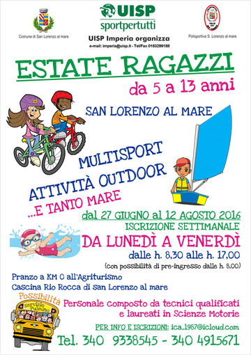 Per il quarto anno consecutivo la Uisp di Imperia organizza a San Lorenzo al Mare l'"Estate Ragazzi 2016"