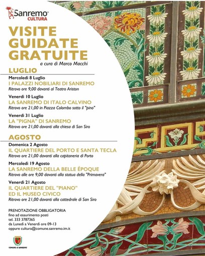 Domani la visita guidata gratuita a Sanremo alla scoperta del quartiere del “Piano” e del Museo Civico Domani la visita guidata gratuita a Sanremo alla scoperta del quartiere del “Piano” e del Museo Civico