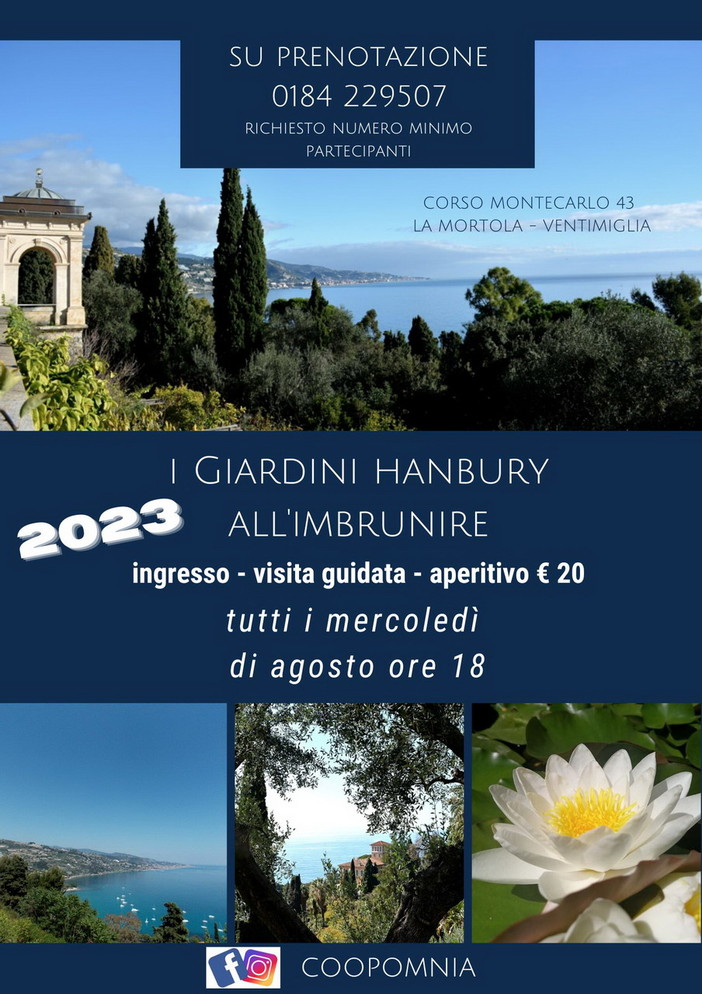 Ventimiglia: 'Giardini Botanici Hanbury all'imbrunire', visita guidata tutti i mercoledì di agosto