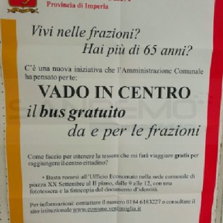 Ventimiglia: sabato prossimo l'inizio del progetto 'Vado in Centro' per tutti i residenti delle frazioni con più di 65 anni Ventimiglia: sabato prossimo l'inizio del progetto 'Vado in Centro' per tutti i residenti delle frazioni con più di 65 anni