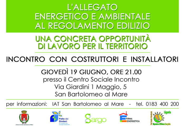 San Bartolomeo al Mare: Allegato Energetico e Ambientale al Regolamento Edilizio, domani un incontro con costruttori e installatori