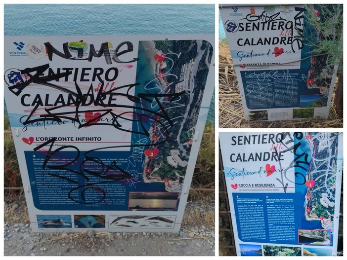 Ventimiglia, vandalizzati i pannelli informativi installati lungo il sentiero delle Calandre (Foto) Ventimiglia, vandalizzati i pannelli informativi installati lungo il sentiero delle Calandre (Foto)