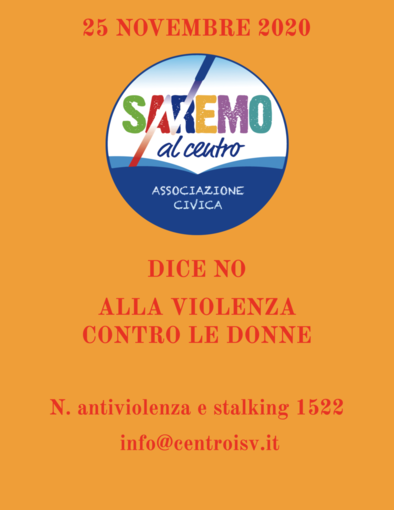 Giornata internazionale contro la violenza sulle donne, anche l'associazione 'Sanremo al centro' al fianco di chi subisce abusi Giornata internazionale contro la violenza sulle donne, anche l'associazione 'Sanremo al centro' al fianco di chi subisce abusi