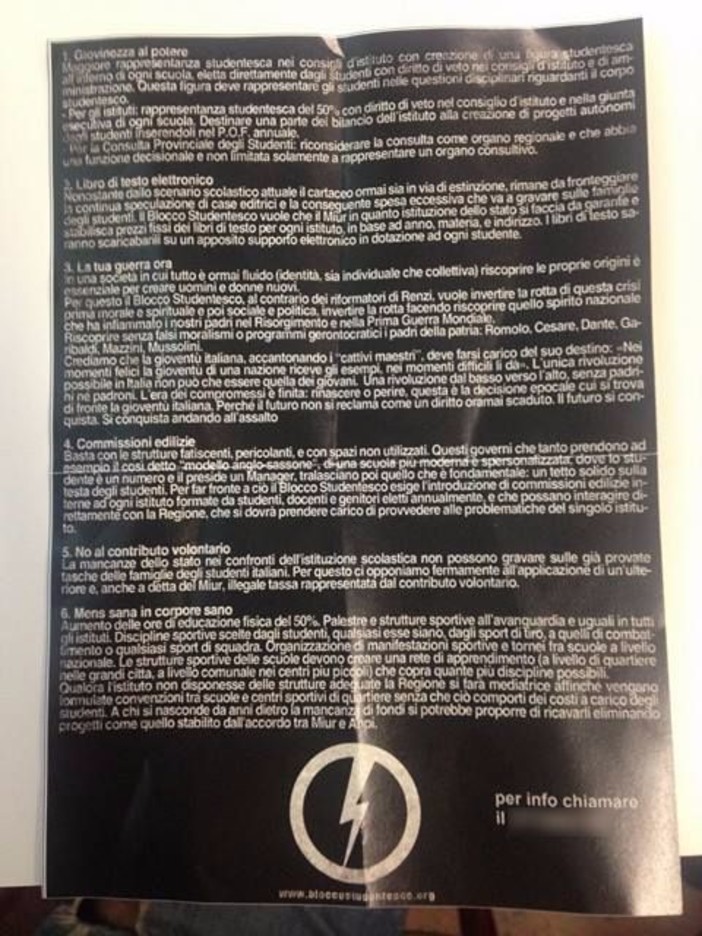 Imperia: volantinaggio del "Blocco Studentesco", emanazione di CasaPound, davanti alle scuole