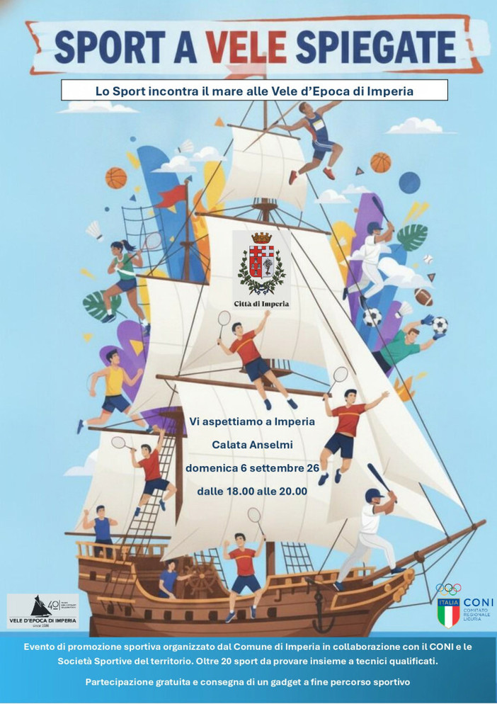 "Sport a Vele Spiegate": il 6 settembre a Imperia la festa dello sport per bambini e famiglie "Sport a Vele Spiegate": il 6 settembre a Imperia la festa dello sport per bambini e famiglie