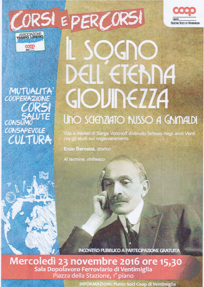 Ventimiglia: mercoledì al dopolavoro ferroviario un incontro per analizzare la figura di Serge Voronoff