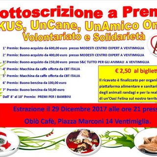 Ventimiglia: i Numeri vincenti della Sottoscrizione a Premi dell'associazione ARKUS, UnCane, UnAmico Onlus
