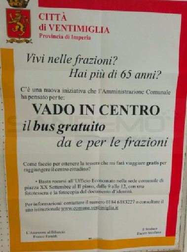 Ventimiglia: sabato prossimo l'inizio del progetto 'Vado in Centro' per tutti i residenti delle frazioni con più di 65 anni Ventimiglia: sabato prossimo l'inizio del progetto 'Vado in Centro' per tutti i residenti delle frazioni con più di 65 anni