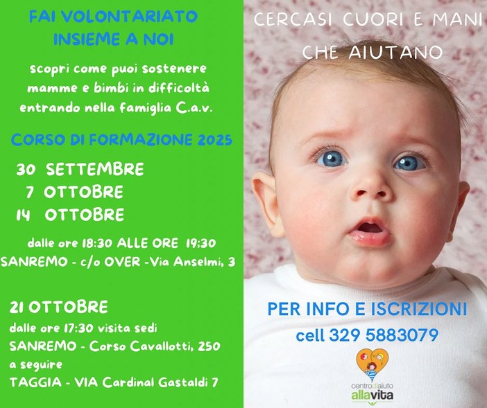Mancano pochi giorni all’inizio del Corso di Formazione Volontarie/i 2025 del Centro Aiuto alla Vita di Sanremo Mancano pochi giorni all’inizio del Corso di Formazione Volontarie/i 2025 del Centro Aiuto alla Vita di Sanremo