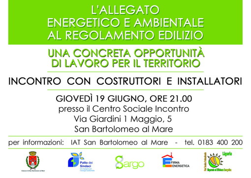 San Bartolomeo al Mare: Allegato Energetico e Ambientale al Regolamento Edilizio, domani un incontro con costruttori e installatori