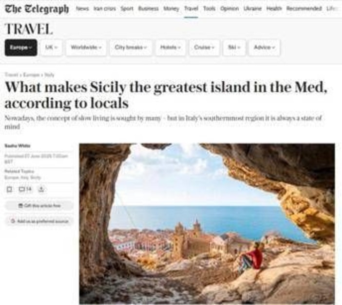 Per Telegraph ora la Sicilia è "l'isola più bella" del Mediterraneo. Schifani: "Servizio riparatorio dopo caso Dua Lipa" Per Telegraph ora la Sicilia è "l'isola più bella" del Mediterraneo. Schifani: "Servizio riparatorio dopo caso Dua Lipa"