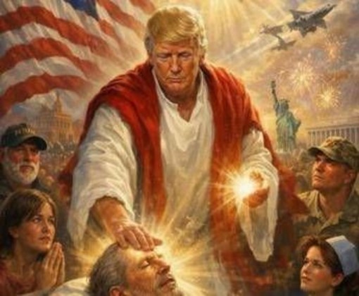 Luce divina e fedeli in preghiera, Trump come Gesù nell'immagine Ai postata su Truth Luce divina e fedeli in preghiera, Trump come Gesù nell'immagine Ai postata su Truth