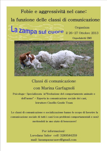 Ospedaletti: due incontri sul tema 'Fobie e aggressività nel cane: la funzione delle classi di comunicazione'